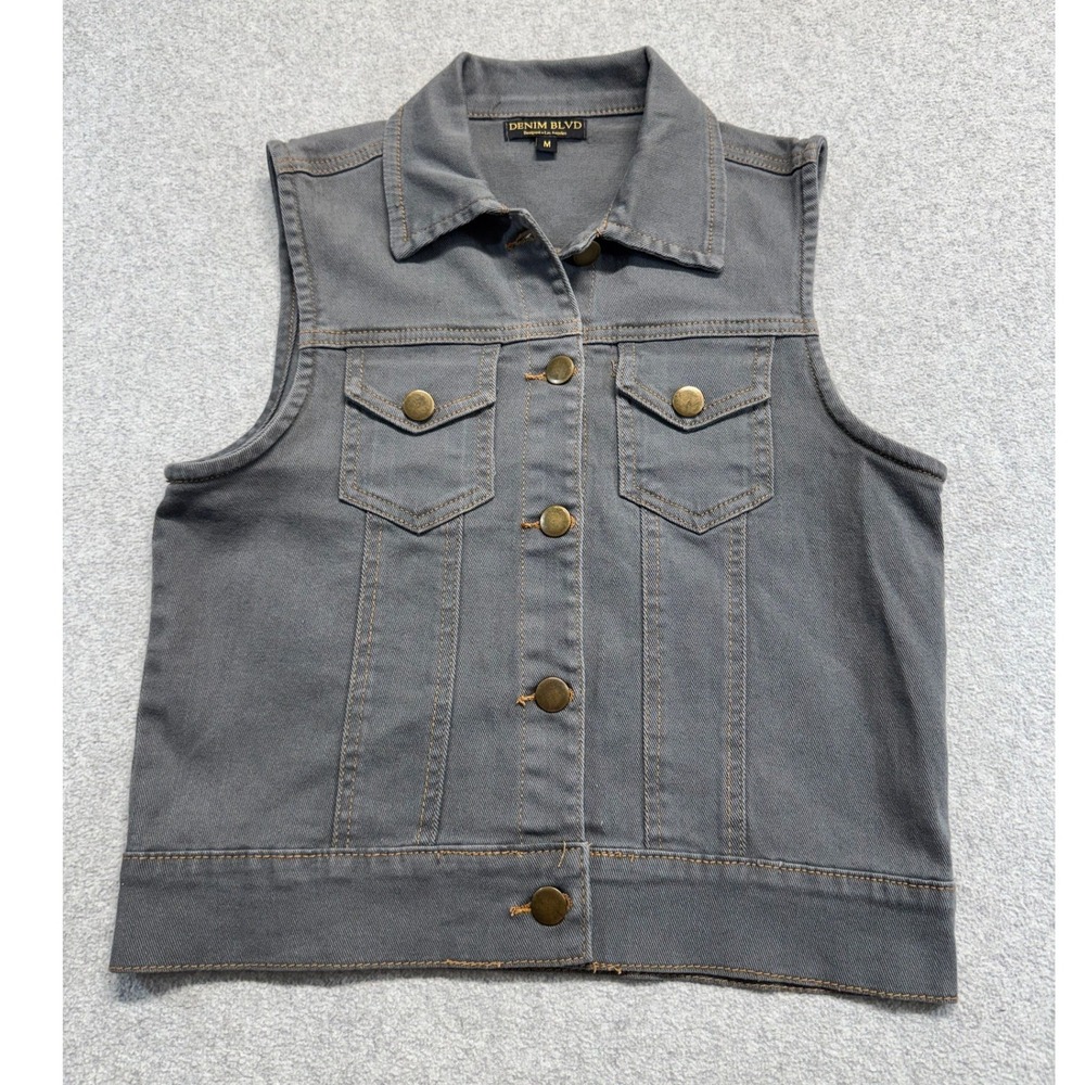 Denim BLVD Womens M Gray Denim Vest Button Front Trucker Jean Jacket Stretch Y2K